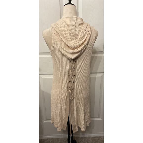 NWT Vocal Women's Cream Waffle Knit Hoodie Vest with Lace Up Back Details, S - Picture 3 of 5